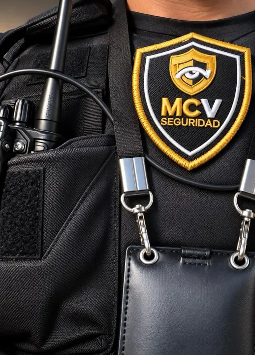 Insignia de MCV Seguridad en el uniforme de un guardia